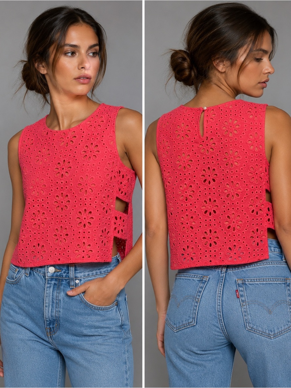 Abercrombie & Fitch Coral Eyelet Sleeveless Top with sides cut out